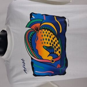 Vintage Peter Mussfeldt Aruba colorful fish art white & blue 2XL casual t-shirt